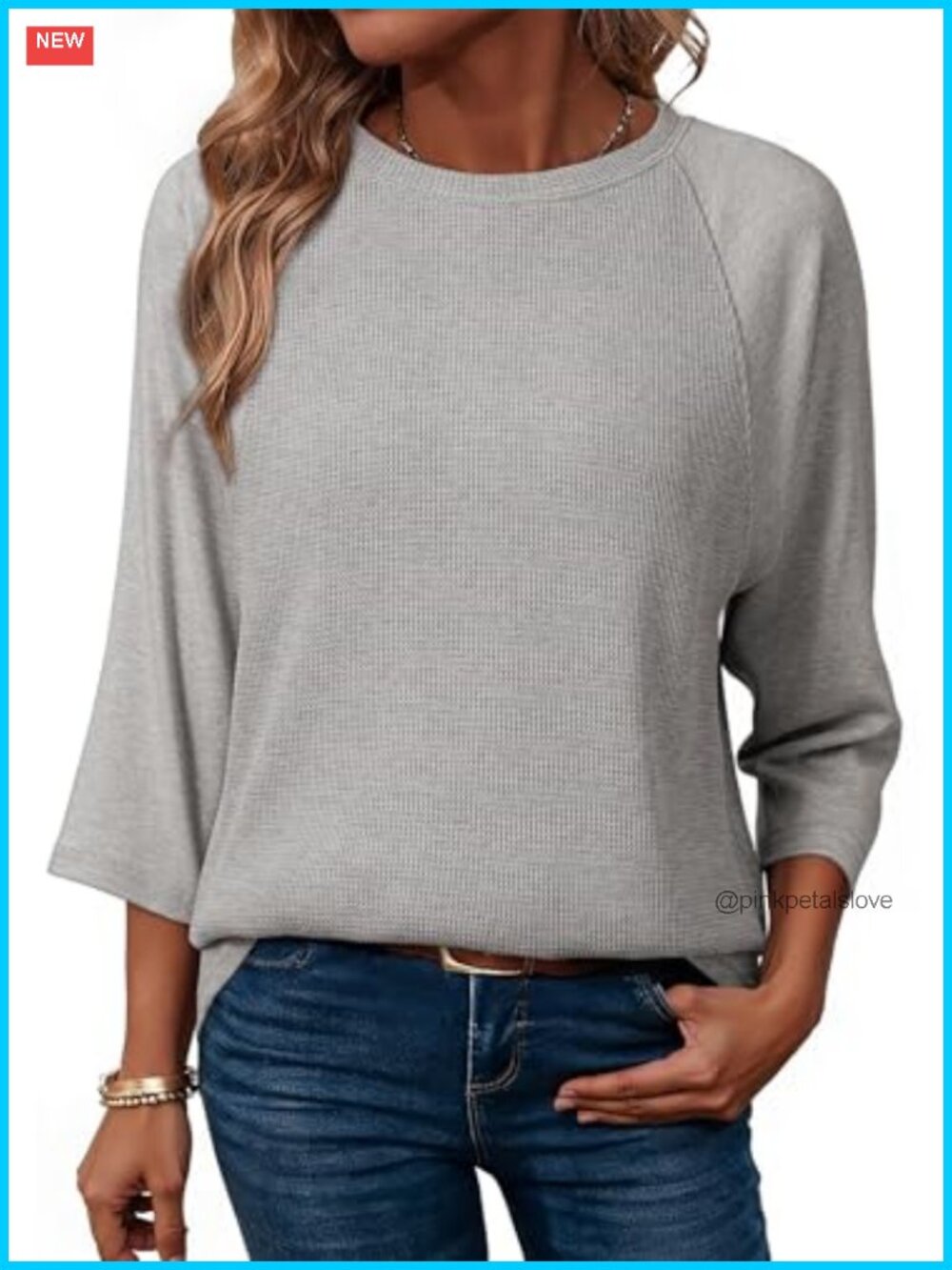 Womens Waffle Knit 3/4 Sleeve Raglan T Shirt Loose Fit Crewneck Top
